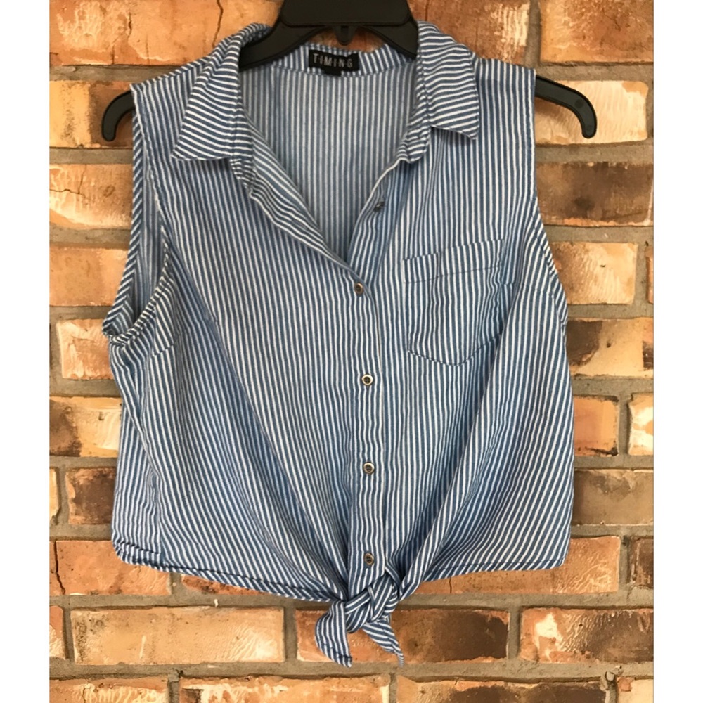 Timing Blue White Stripe Crop Button Down Collared Top Large